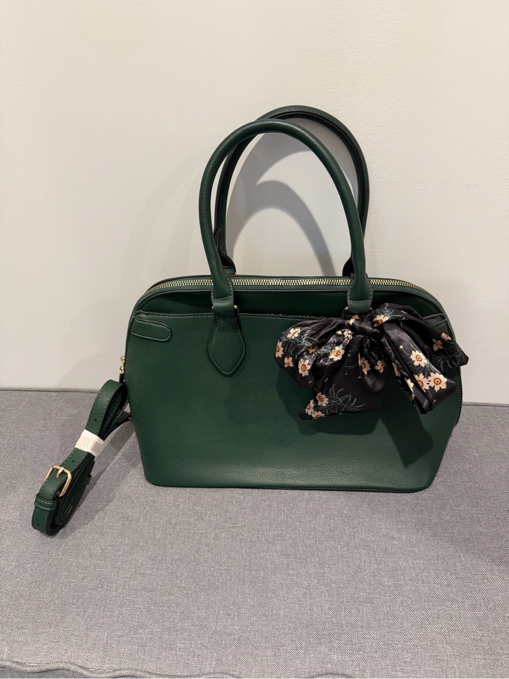 Green Leather Satchel Handbag with Floral Scarf Accent